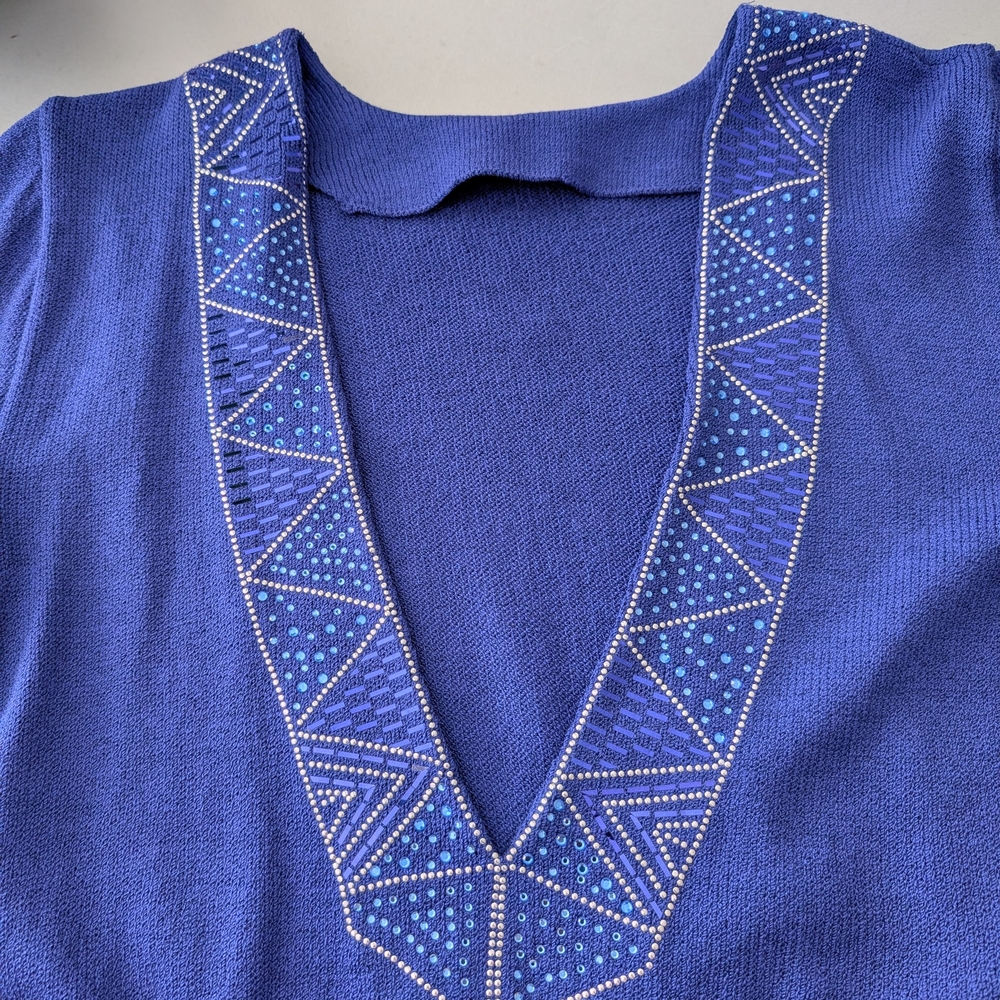 St. John Royal Blue V-Neck with Geometric Design